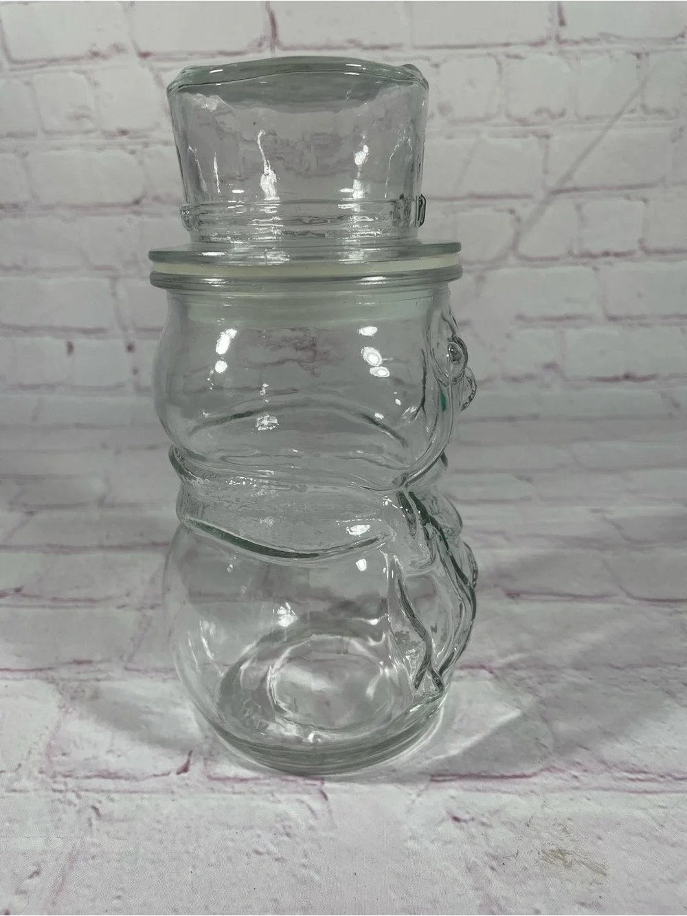 Vintage Libbey of Canada Clear Glass Snowman with Top Hat Lidded Jar Container